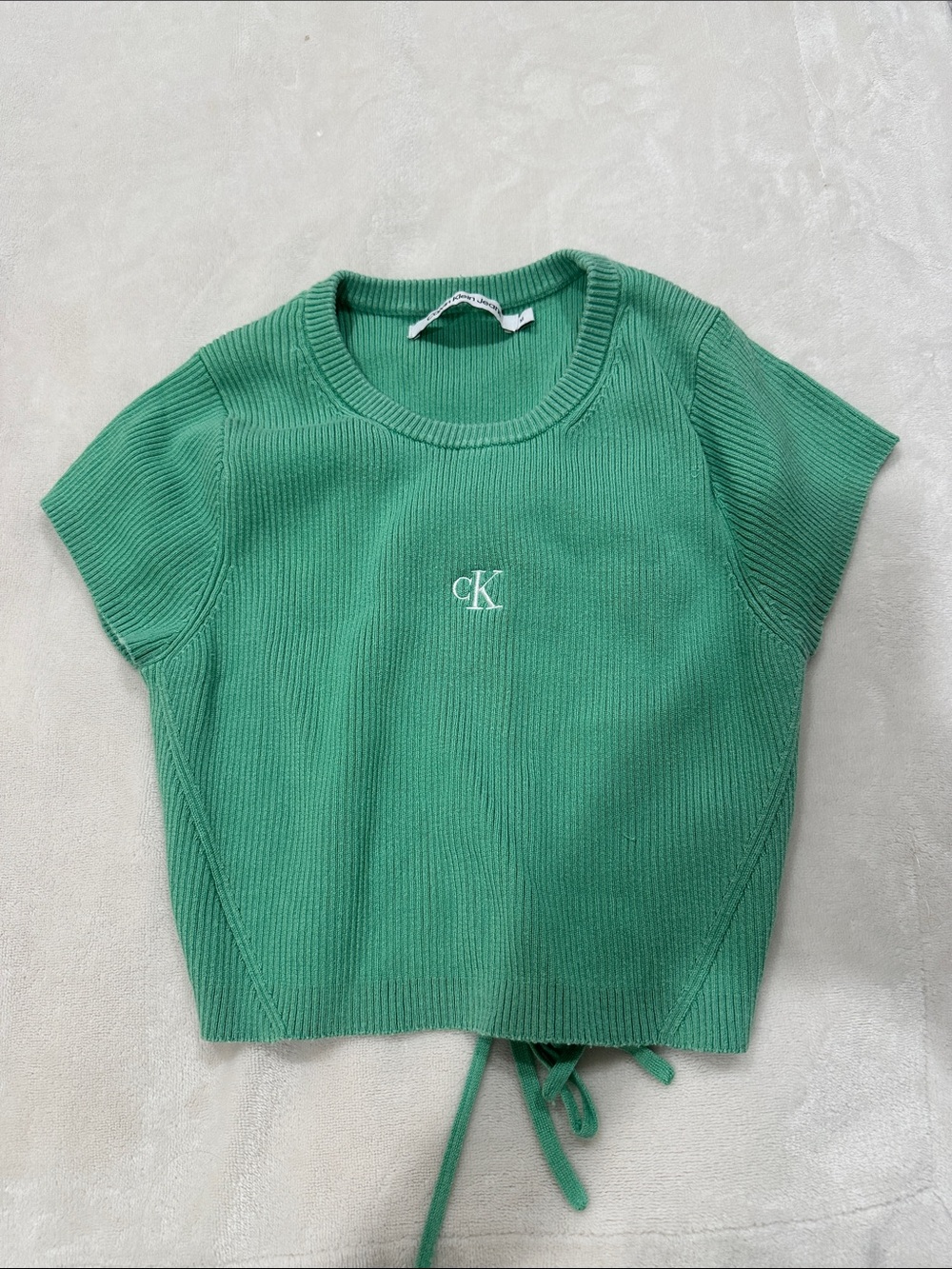 Calvin Klein Green Ribbed Short Sleeve Knit Top with CK Logo